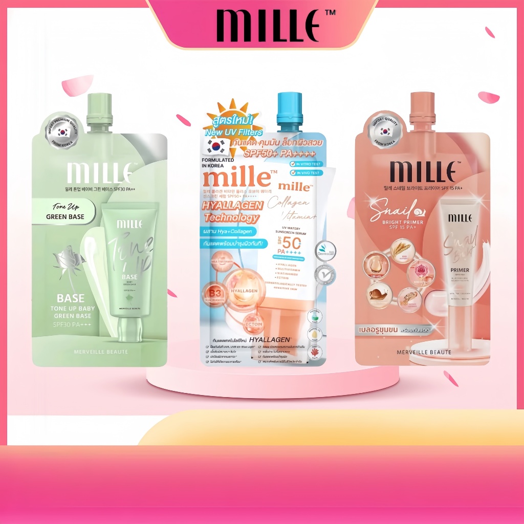 MILLE ( 1 ซอง ) primer bb ครีมซองมิลเล่ super miacle skin cover /whitening gold rose BB snail primer