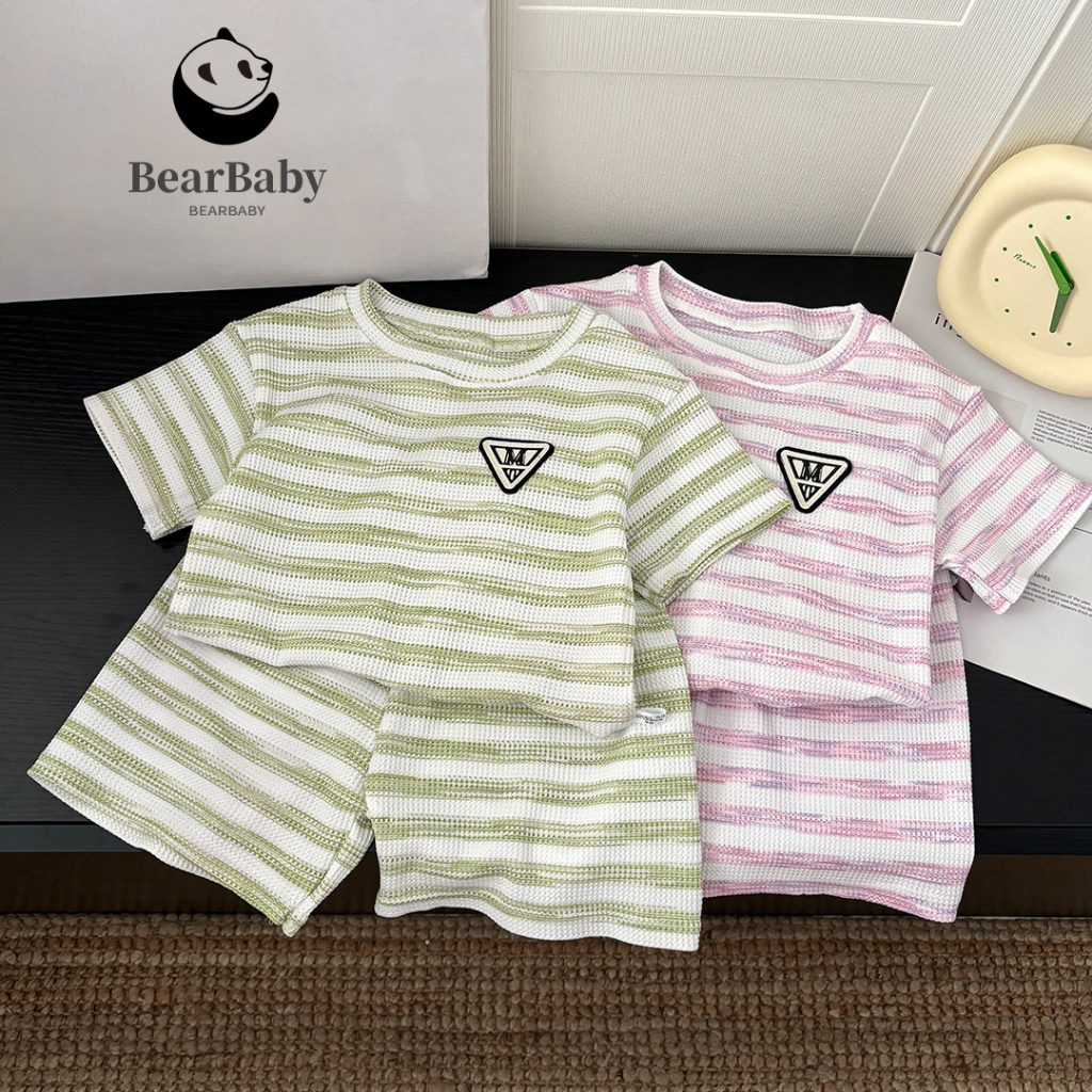 ชุดลำลองเด็ก เสื้อแขนสั้น+กางเกงขาสั้น ผ้านุ่มสบาย ลายทาง ใส่ได้ทั้งเด็กชายเด็กหญิง พร้อมส่ง