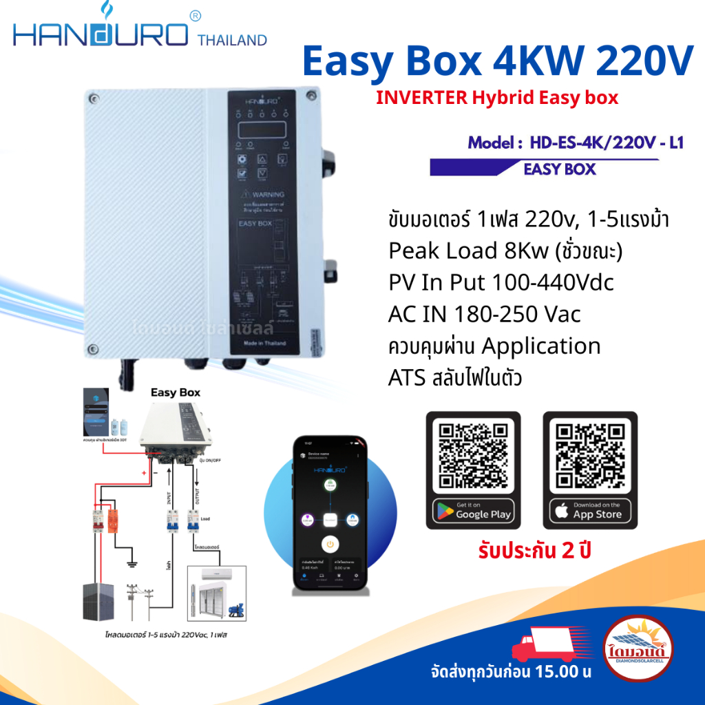 HANDURO EASY BOXไฮฺบริดอินเวอร์เตอร์ 4KW1phase220V ขับโหลดมอเตอร์ 1เฟส 220V, 1-5 แรงม้า แอร์,ปั๊มน้ำ