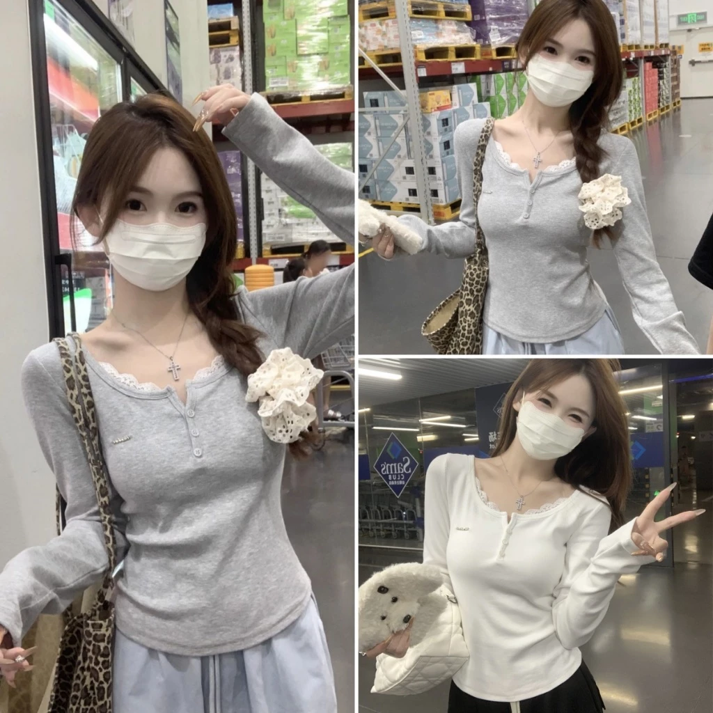 Hotgirl พร้อมส่ง เสื้อยืดแขนยาวผู้หญิง เสื้อยืดเข้ารูป การออกแบบผ้าลูกไม้ปะติด งานปักตัวอักษร สไตล์เกาหลีแบบอ่อนโยน