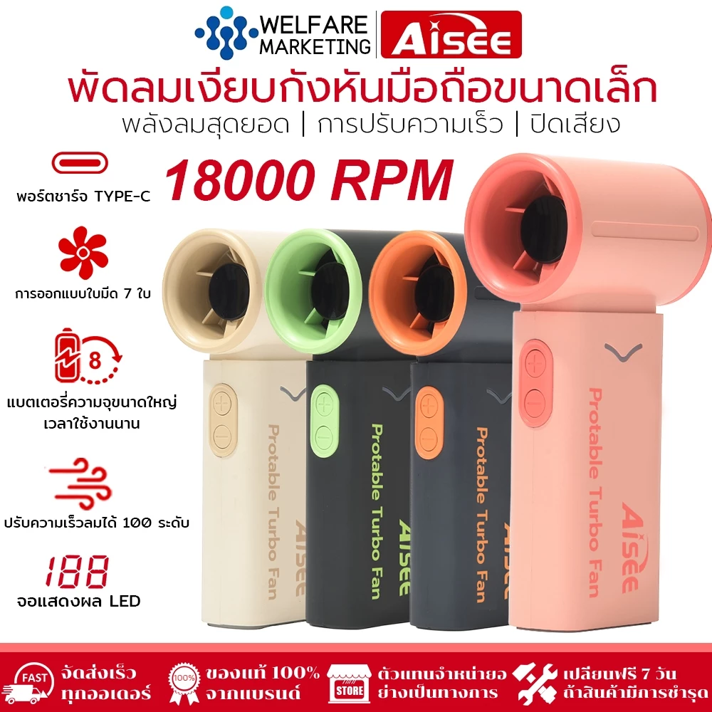 พัดลมมือถือ พัดลมพกพา ปรับความเร็วได้ 100 ระดับ 4000 mAh แบบชาร์จไฟได้ พกพาสะดวก ลมแรง 18000 RPM