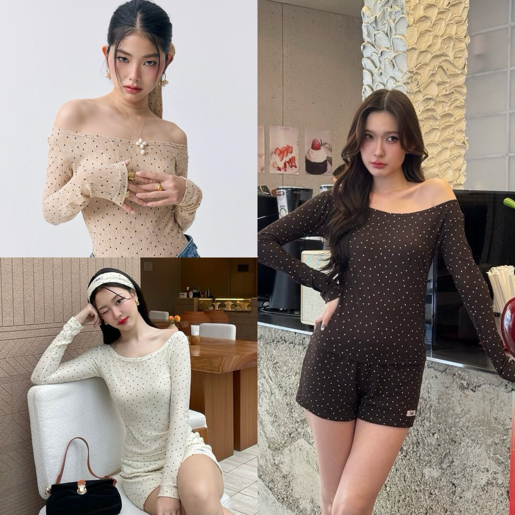 Ahalf - Polka dot open shoulder top เสื้อปาดไหล่ลายจุด