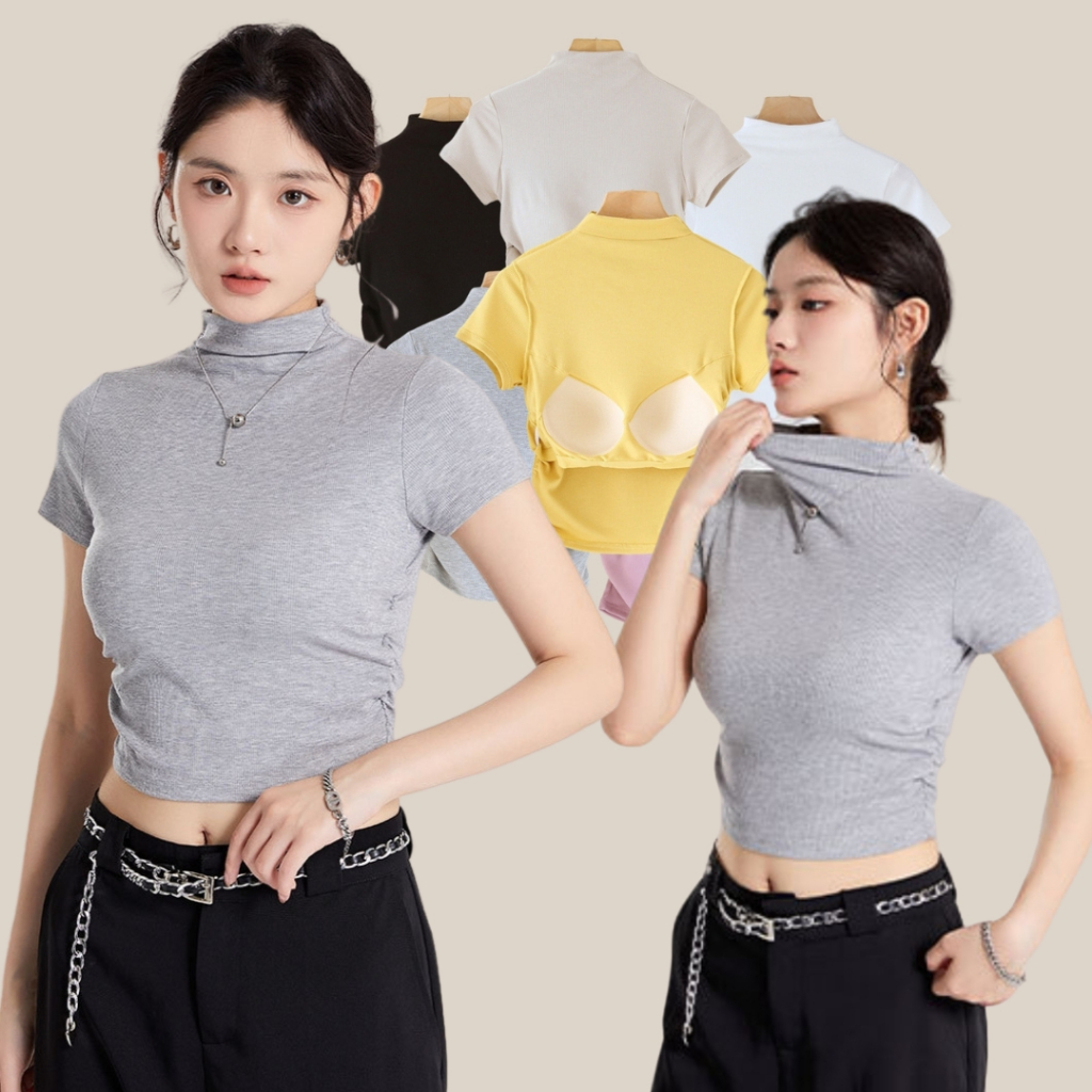 Aster Crop Top Shirt เสื้อครอปคอเต่า แขนกุด  มีบราในตัว ไม่ต้องใส่บรา ไม่ต้องติดซิลโคน สะดวกสบายขึ้น