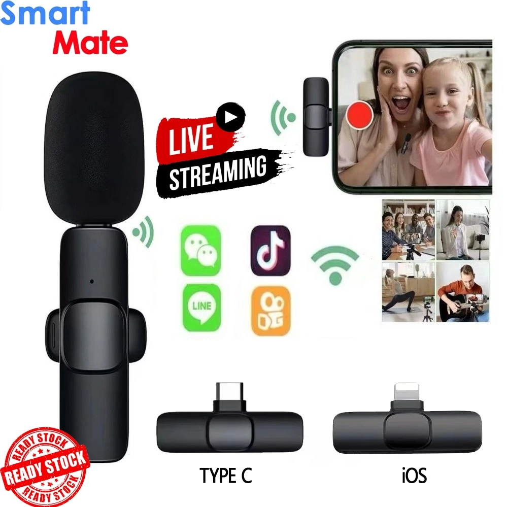 Wireless Microphone ไมโครโฟนไร้สายแบบพกพาสําหรับ ios/Type-Cไมค์ไร้สายหนีบเสื้อ ไมค์หนีบปกเสื้อ