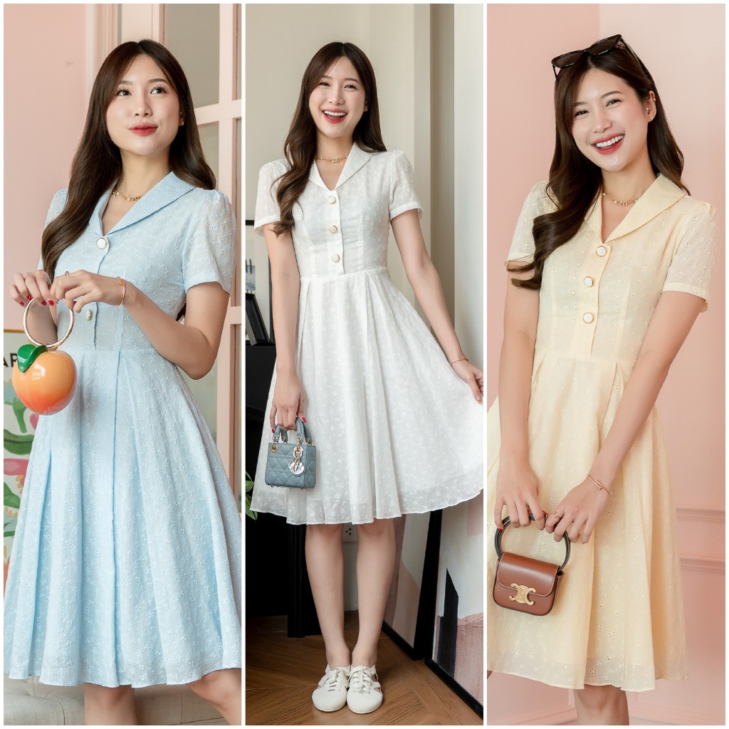 PD356 Cotton Dress เดรสผ้าค๊อตต้อนปักลาย คอปก แขนสั้น กระโปรงบาน