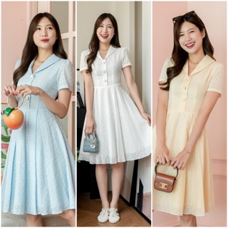 PD356 Cotton Dress เดรสผ้าค๊อตต้อนปักลาย คอปก แขนสั้น กระโปร…