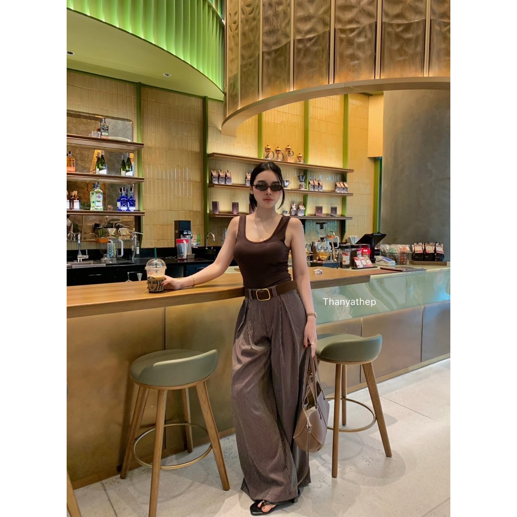 ชุดเซต 3 ชิ้น เสื้อกล้าม กางเกงลายริ้วน้ำตาลเข็มขัด