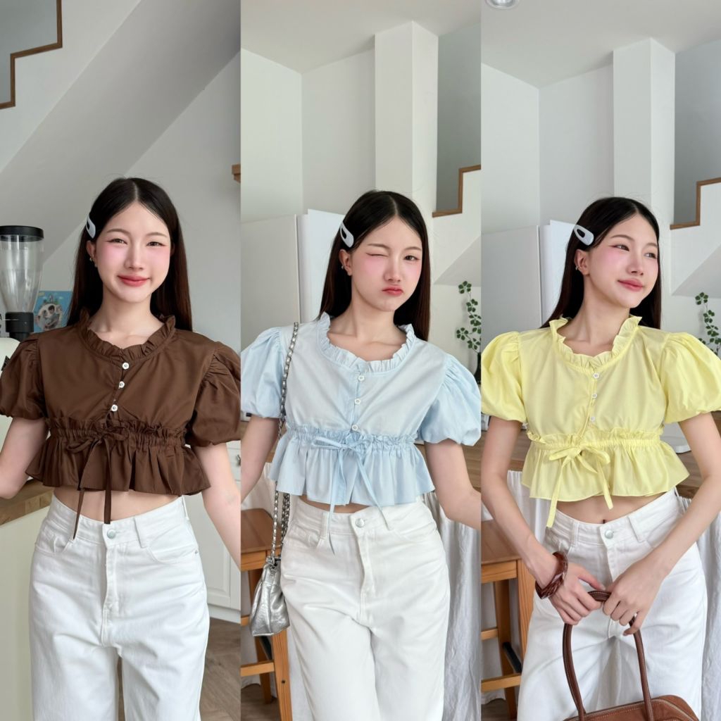 เสื้อแขนบอลลูน ตรงเอวรูดได้ 
ผ้าCotton 100%