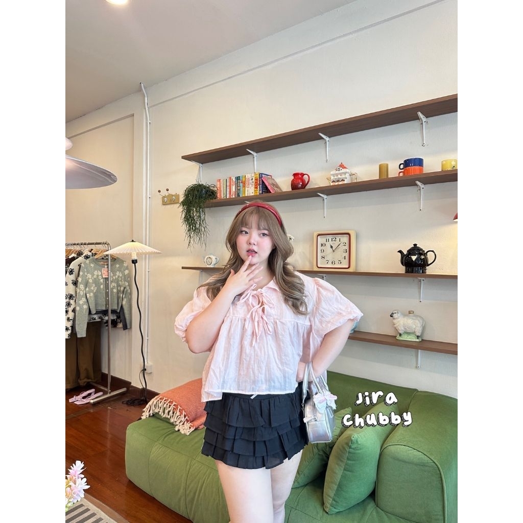 Muffin Top - เสื้อคอบัวผูกโบว์หน้า ใส่สบาย ฟรีไซส์ อก 40-50 นิ้ว เสื้อสาวอวบ อกใหญ่ใส่ได้