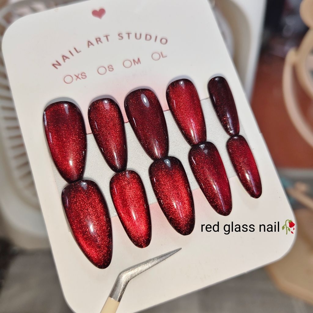 เล็บปลอม🇹🇭(red glass nail🥀) ท็อปกระจกติดทน แถมฟรีกาว+ตะไบ