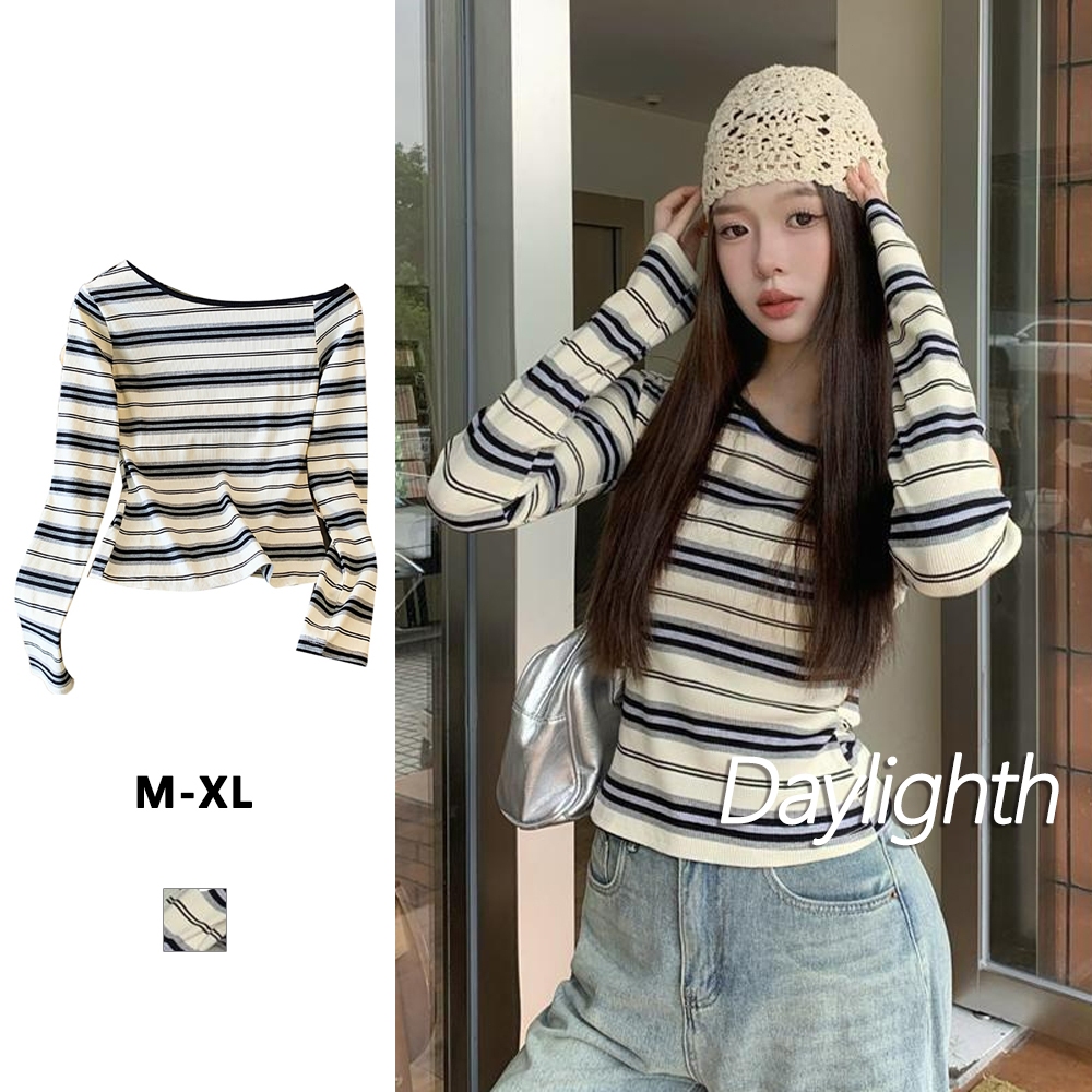 เสื้อยืดแขนยาวลายทางสีบล็อก เสื้อถักไหล่เฉียง ทรงเข้ารูป สำหรับผู้หญิง DL