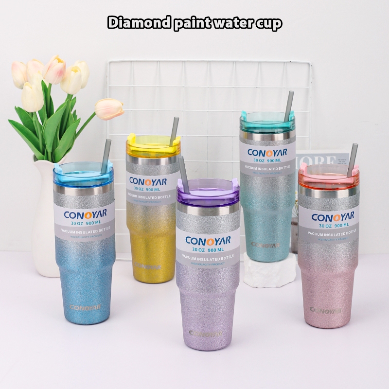 CONOYAR แก้วเก็บความเย็น สแตนเลสแท้ 900ML รับประกันไอน้ำไม่เกาะแก้ว 30 ออนซ์ พร้อมส่งจากไทย สีทูโทนกากเพชร T01291