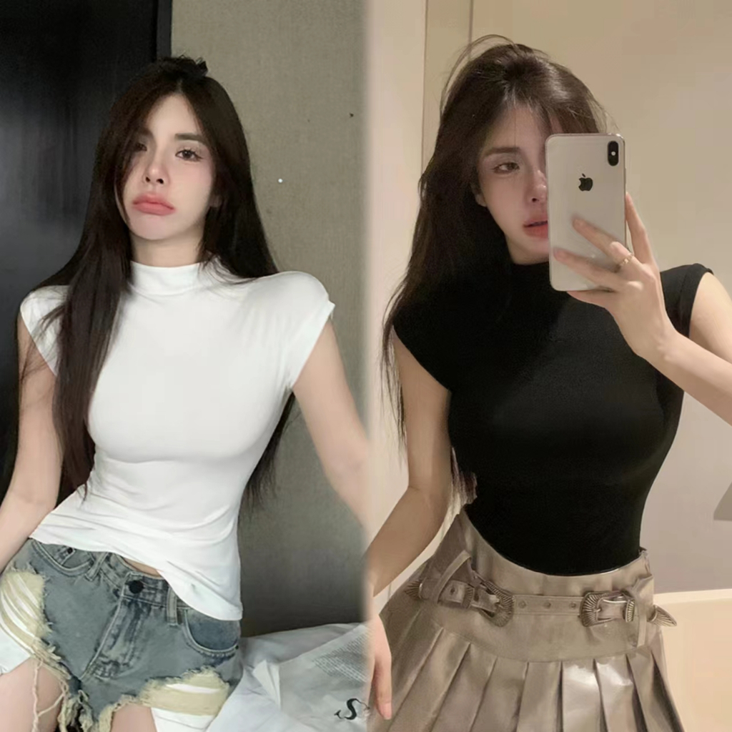 Bella Shop เซ็กซี่เสื้อยืด เสื้อสตรีคอปกกลางสูงแฟชั่นย้อนยุคอเมริกันรัดรูป