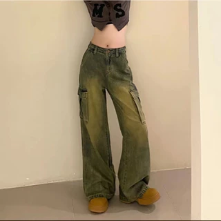 Loma Wear-กางเกงยีนส์กระบอกใหญ่ Cargo ผ้าไม่ยืด Jean Women สีสนิมรุ่นใหม่ #K681