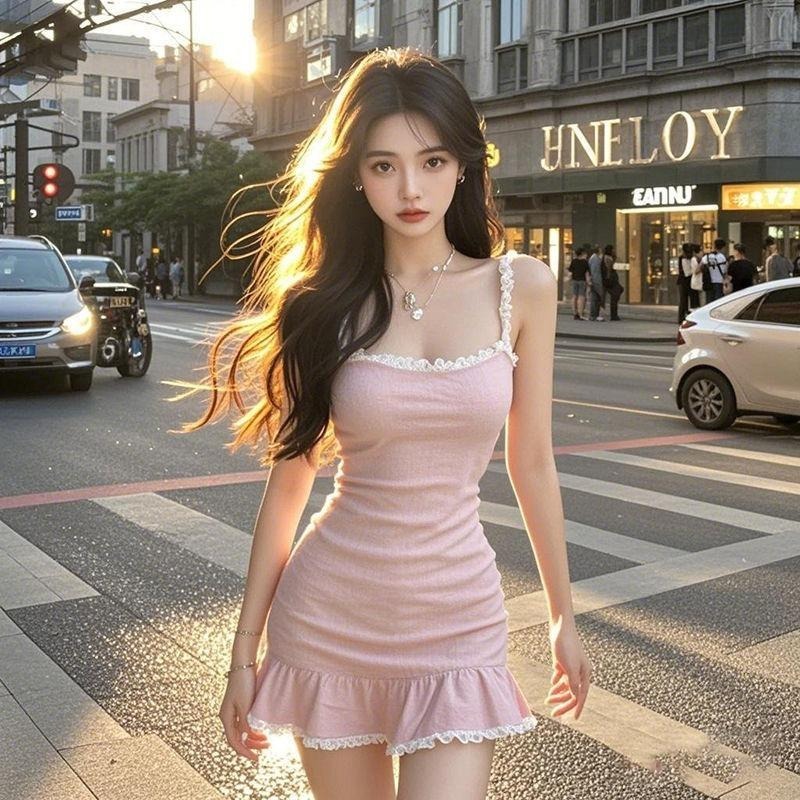 GHAOHES    🌷ชุดลูกไม้สีชมพูสายเดี่ยวคลุมเอวดูผอม#11007