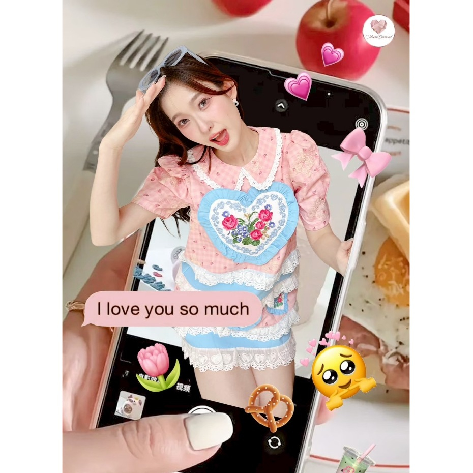 (มี3XL) Maria Diamond สีชมพู So Much Dress เดรสทรงปล่อยผ้าคอตตอนงานปัก อกหัวใจแต่งระบาย แขนจับจีบ ซิ