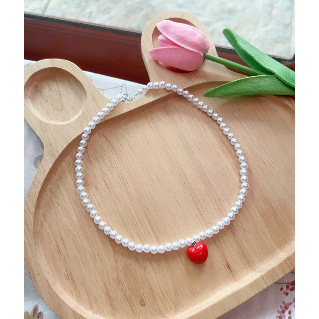 สร้อยคอลูกปัดมุกกลม+จี้ดินปั้น 6มิล 🤍🩷🩵สายคาเฟ่ ทะเล 🎨🖌️งานแฮนเมด❤️