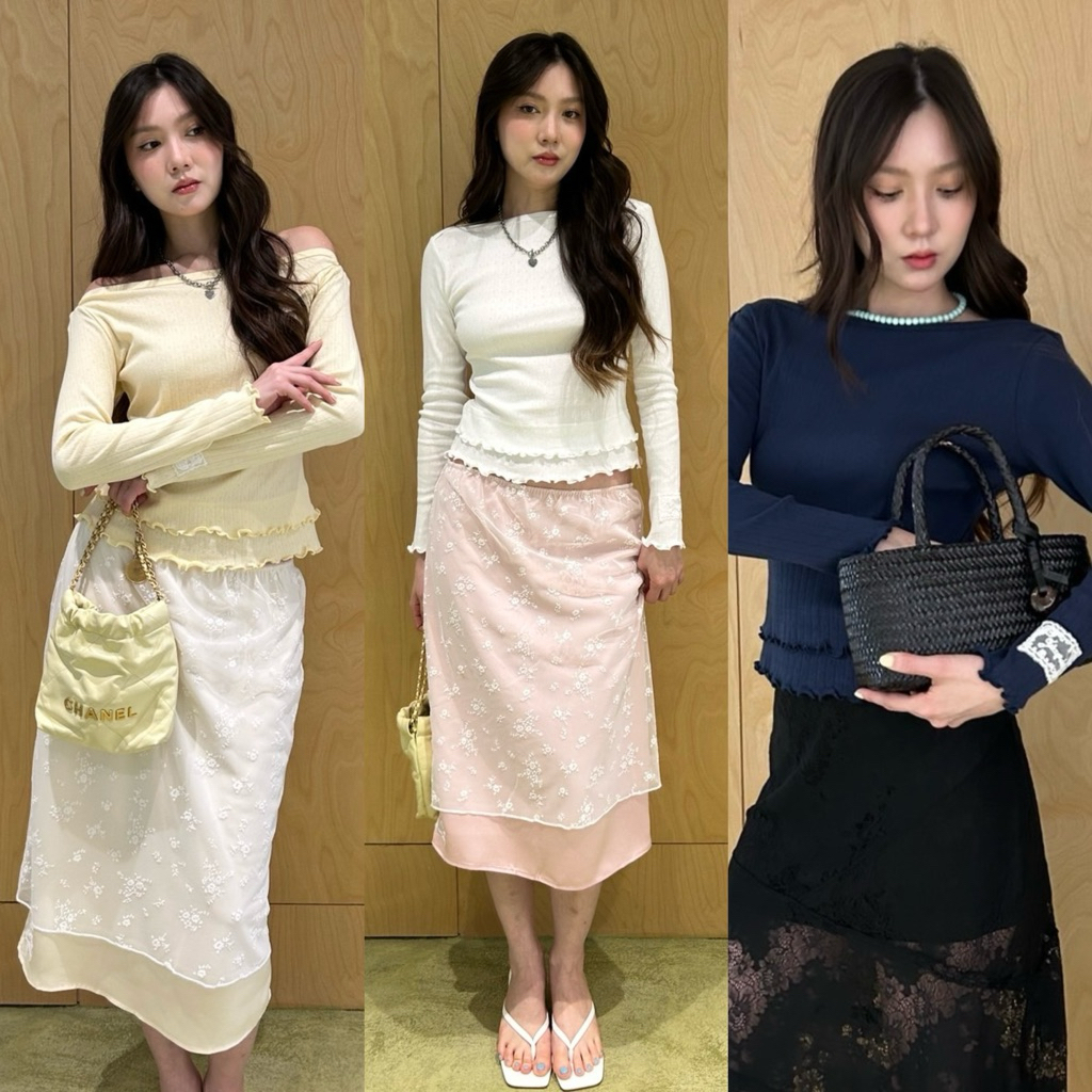 tshop เสื้อคอปาดชายระบาย 2 ชั้น