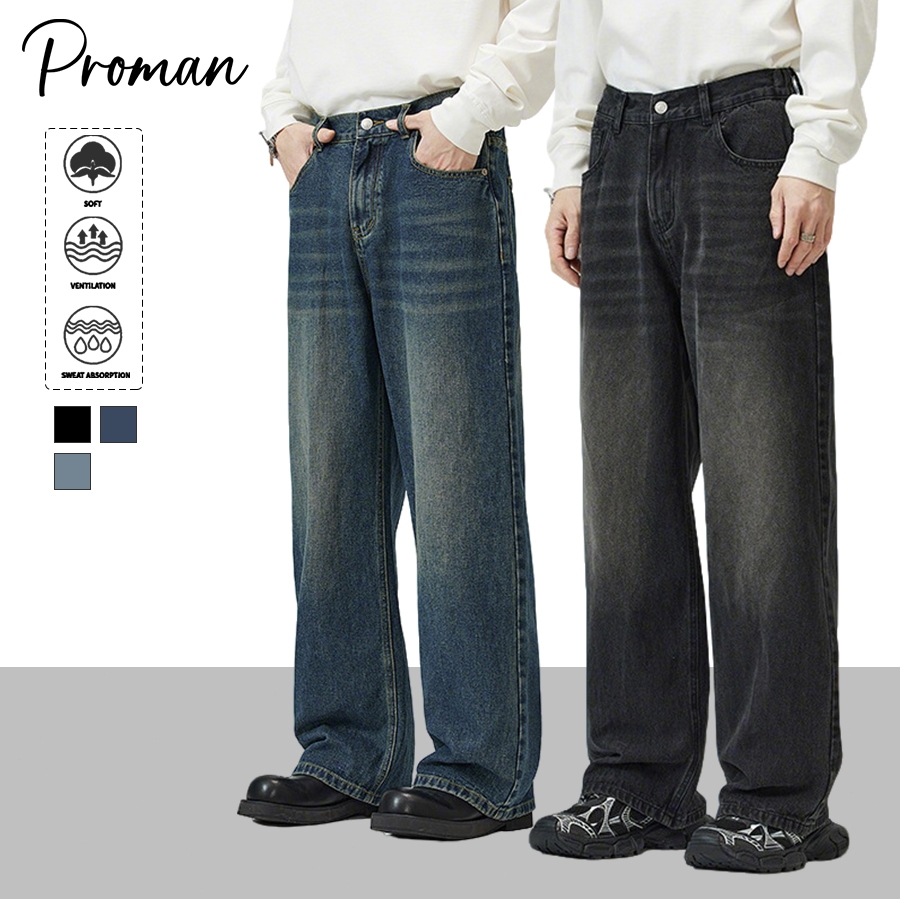 ⚡ProMan⚡กางเกงยีนส์ขายาววินเทจสไตล์อเมริกันสำหรับฤดูร้อน  คลาสสิกแมทช์ลุคง่าย  แบบหลวม  ใส่ได้ทั้งชายและหญิง