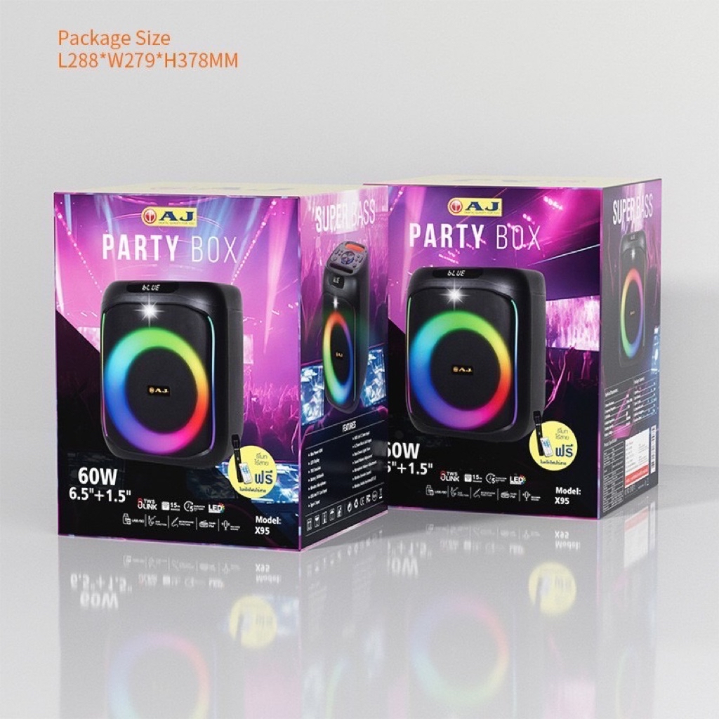 [New]AJ-X95 ลำโพงบลูทูธ Party Box 60W เบสแน่น เชื่อม TWS ได้ แถมไมค์ไร้สาย+รีโมท ของแท้ ประกันศูนย์