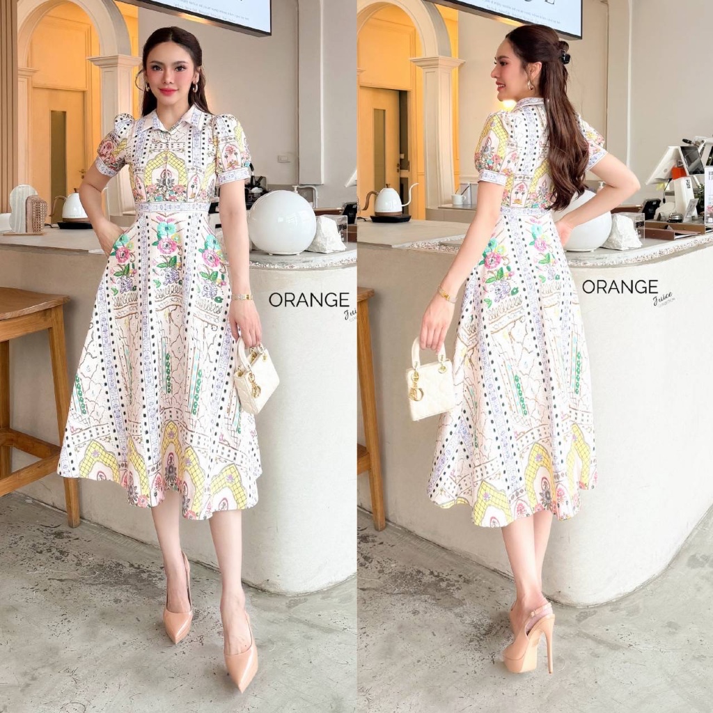 OR21893 เดรสยาวใส่เที่ยว ใส่ทำงาน ทรงคอปก กระดุมหน้า และซิปหลัง กระโปรงทรงเอ ใส่สวย ใส่สบาย