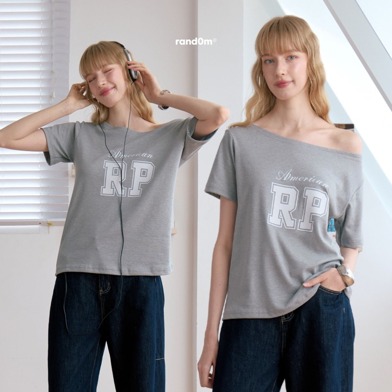 rand0m piece - RP Off Shoulder Top เสื้อยืดปาดไหล่เทา RP