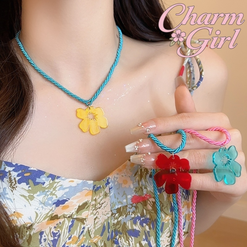 สร้อยคอ จี้ดอกไม้ เชือกและโซ่ ดีไซน์ถัก ins ปรับได้ โดปามีน สไตล์เกาหลี มีหลายสีให้เลือก