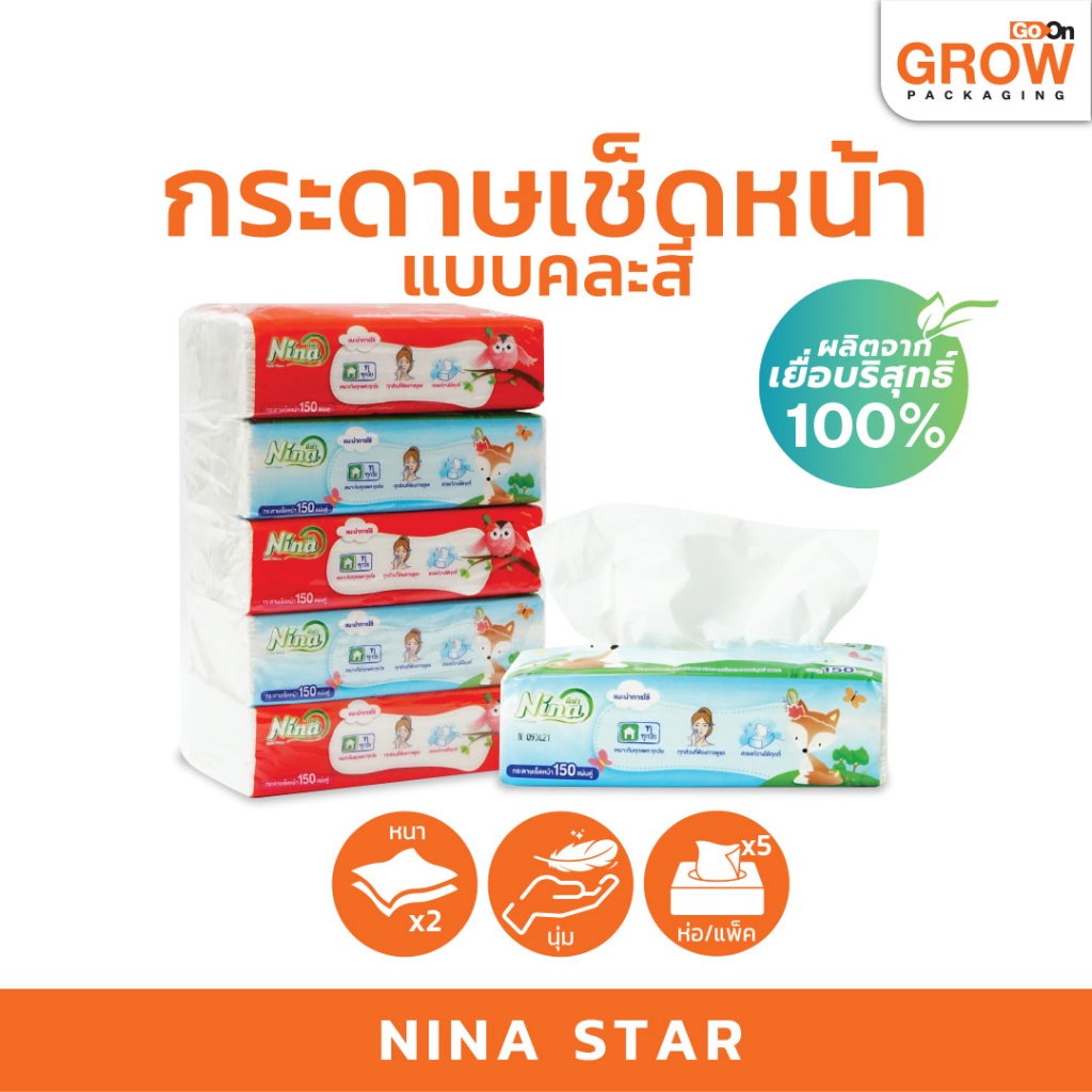 (1หิ้ว/5ห่อ/750ดึง) กระดาษเช็ดหน้า Nina เนื้อบริสุทธิ์ 2ชั้น 150แผ่น