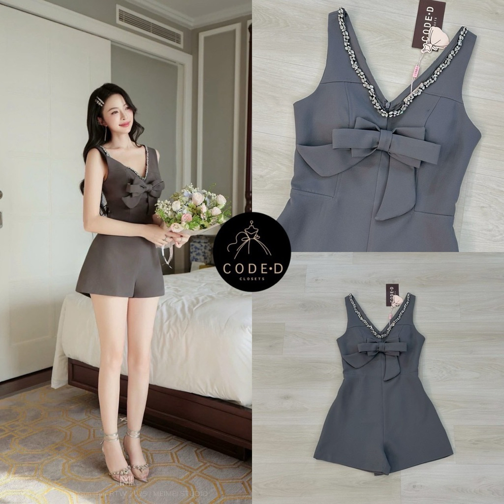 จั๊มสูทกางเกงขาสั้น แขนกุดสีเทาเข้ม CODE-D CLOSETS