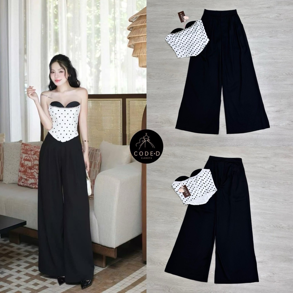 เซต2ชิ้น เสื้อเกาะอกลายจุด ดีเทลแต่งขอบดำปักเพชร CODE-D CLOSETS
