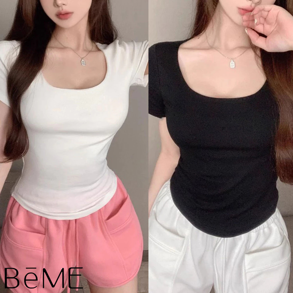 เสื้อยืด คอเว้า แขนสั้น ทรงเข้ารูปสวย เหมาะกับสาวๆ เข้ากับทุกลุค แฟชั่นยอดนิยม พร้อมส่ง