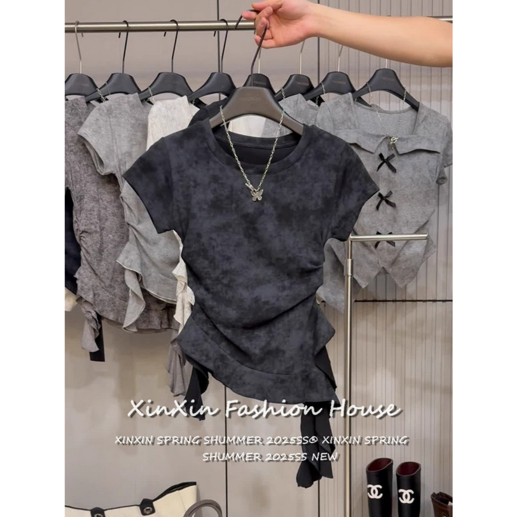 [Summer Casual Ruffled Crew Neck T-Shirt]เสื้อคอกลมแขนสั้นมัดย้อมไม่สมมาตรสำหรับผู้หญิงในช่วงฤดูร้อน