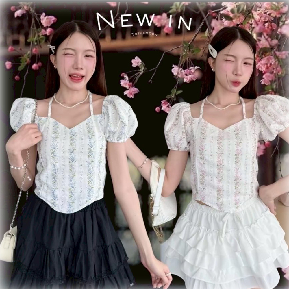 [CD300] เสื้อดอลลี่ แต่งสายคล้องคอหรือผูกโบว์ เสื้อลายจุด ผ้าครัช ผ้าขาวลายจุดดำ ชมพู ฟ้า และ ดอกไม้