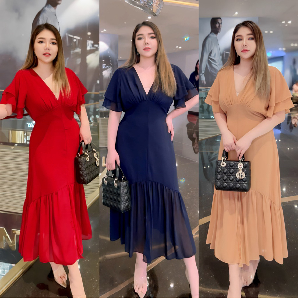 🥇Best Seller🥇เดรสยาวหางปลาทรงสลิมเมอเมทผ้าชีฟองคอวีแขนระบายสองชั้นสุดหรูหรา#Maisie Shop