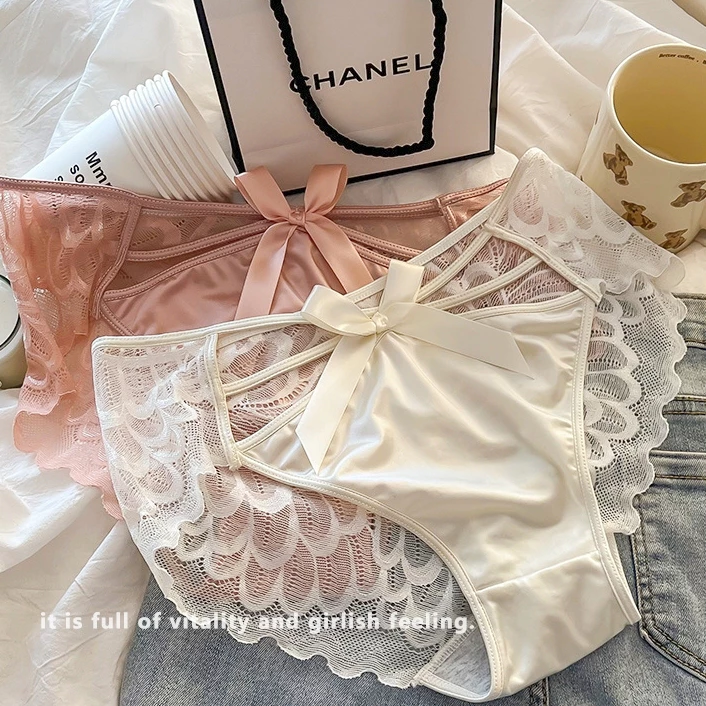 กางเกงชั้นในลูกไม้ผู้หญิง ไซส์ M-XL ผ้าเนื้อนุ่ม สวมใส่สบาย ประดับโบว์ เอวต่ำ เซ็กซี่และมีเสน่ห์ ดีไซน์โปร่ง มีหลายสี