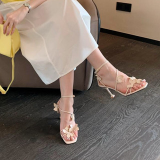 Amhher รองเท้าแตะส้นสูง 8 ซม. สไตล์ฝรั่งเศส ประดับดอกไม้ผีเส…