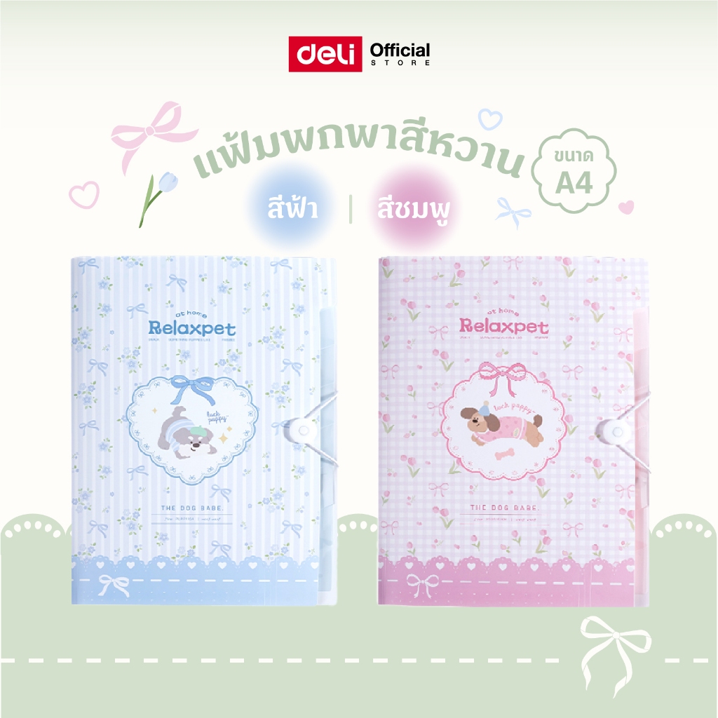 แฟ้มเอกสาร Deli (สีฟ้า/สีชมพู) จัดเก็บเอกสารขนาดA4 แฟ้มพกพา แฟ้มสีฟ้า แฟ้มสีชมพู แฟ้มน่ารักๆ แฟ้มขนาดพกพา เก็บเอกสาร