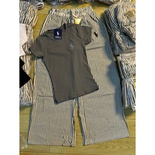 YY[พร้อมส่ง] เซ็ต2ชิ้น เสื้อปักม้า + กางเกงขายาวลายริ้ว ใส่ได้ทั้งชุด งานจริง