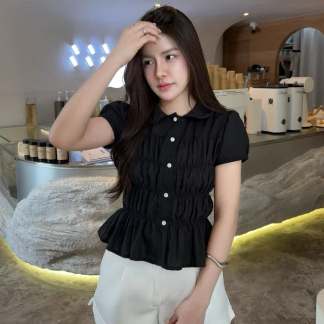 เสื้อแขนตุ๊กตาคอบัว กระดุมหน้า ผ้าฝ้าย thumbnail 7