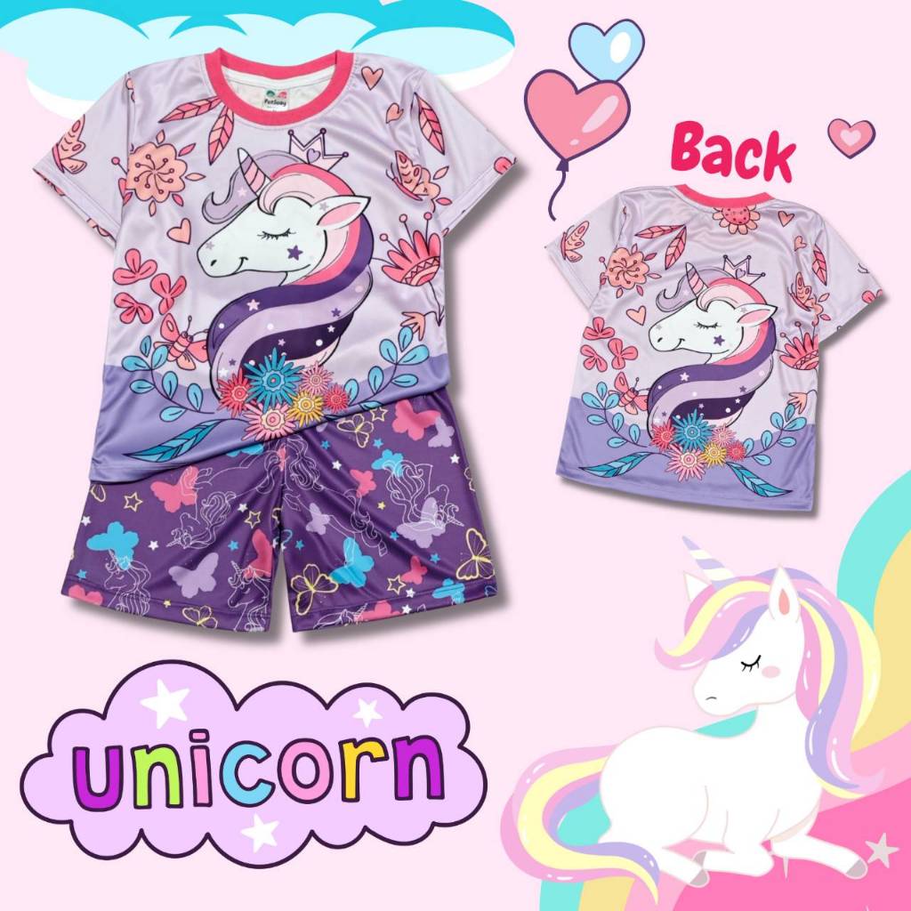 UN0900#4 ชุดเด็ก เสื้อแขนสั้น+กางเกงขาสั้น ผ้าไมโครเกรดA ลายม้ายูนิคอร์น เสื้อผ้าเด็ก ชุดเด็กแฟชั่น ชุดเด็กลายการ์ตูน