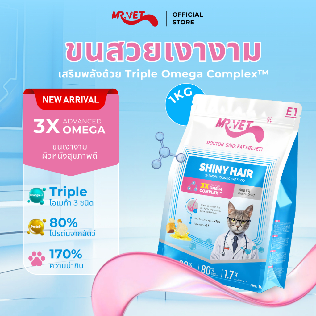 [ของขวัญพิเศษ]MR.Vet E1 อาหารแมวพรีเมียม 5กก. – Triple Omega Complex™ เพื่อขนเงางาม สุขภาพผิวดี ด้วยปลาแซลมอนและไก่ โปรต