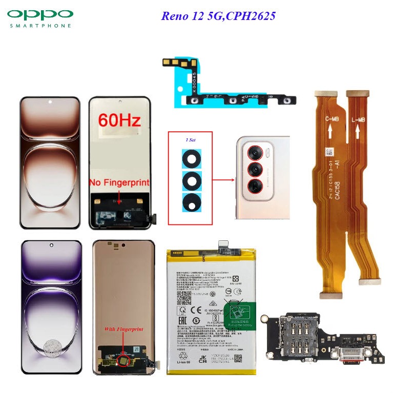 อะไหล่มือถือ Oppo Reno 12 5G,CPH2625/สายแพร/ฝาหลัง/กระจกเลนส์กล้อง/แบตเตอรี่ BLPA59