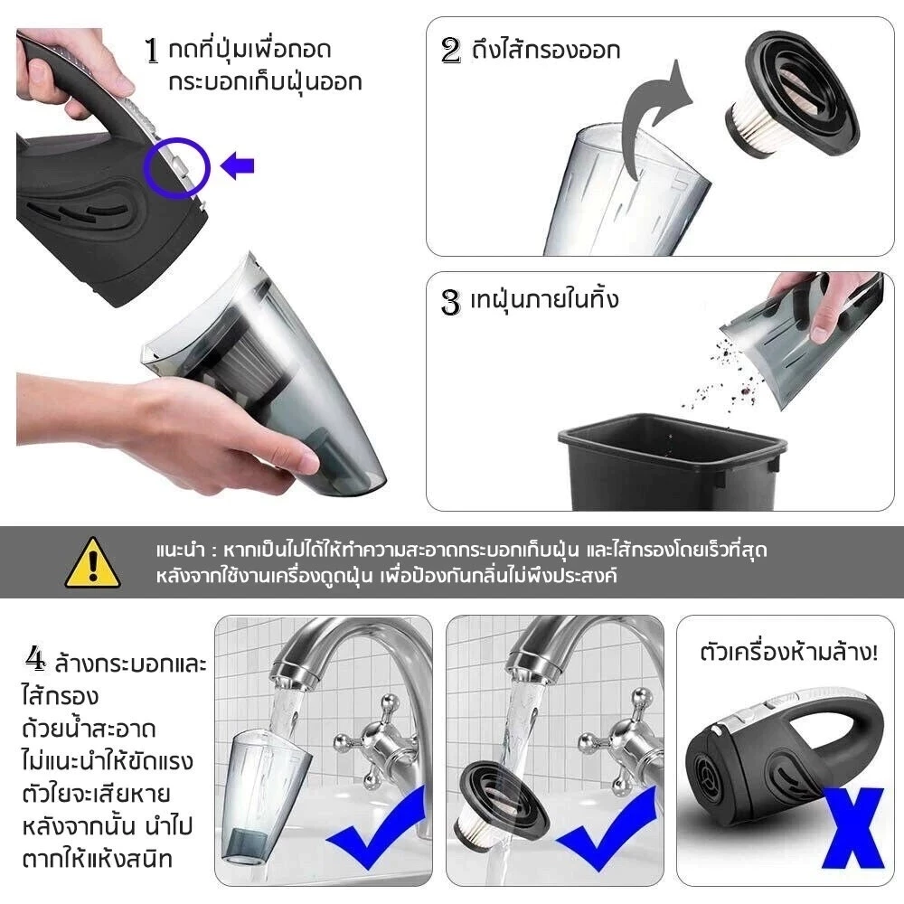 เครื่องดูดฝุ่นไร้สายแบบพกพาสำหรับใช้ในบ้านและในรถยนต์ ชาร์จไฟได้ ดูดแรงสูงพิเศษ รับประกัน 1 ปี thumbnail 4