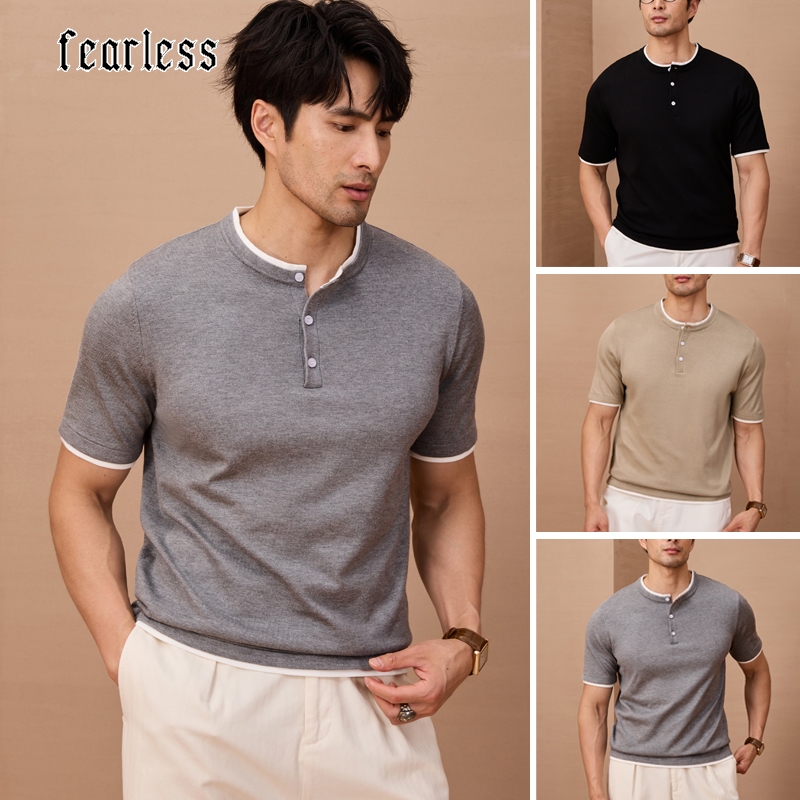 เสื้อผู้ชาย สองชิ้นเทียม คอเฮนลีย์ แขนสั้น รูปร่างสุ่มฟิตทำให้รูปร่างดูผอม