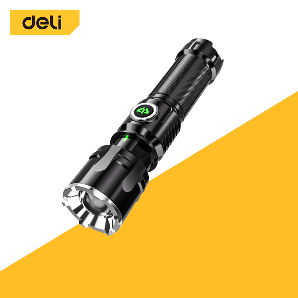Deli ไฟฉายLED ไฟฉายแรงสูง ไฟฉายปรับซูมได้ หัวชาร์จ USB กันน้ำ กะทัดรัด พกพาสะดวก Flashlight