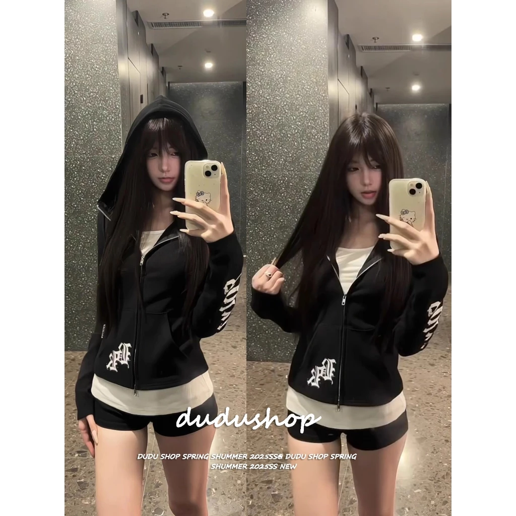 [Trendy hip-hop print, thin sports hoodie]เสื้อฮู้ดแขนยาวมีซิปพิมพ์ลายตัวอักษรแนวสตรีทสำหรับผู้หญิง