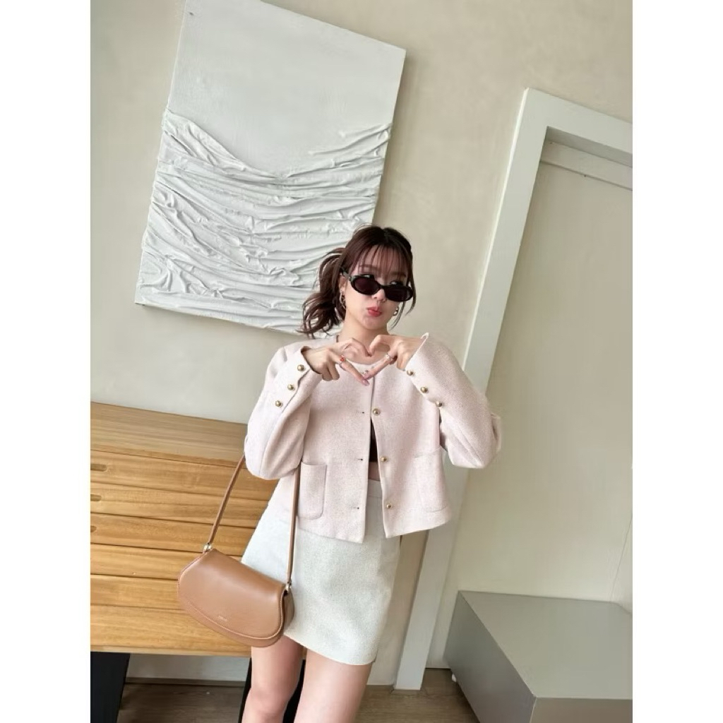 Thesummernade 🎀 size m มือสอง Set Jolin Blazer + Skirt เซตเบลเซอร์ทวิตสีชมพู ซับในทั้งตัว กระโปรงแต่