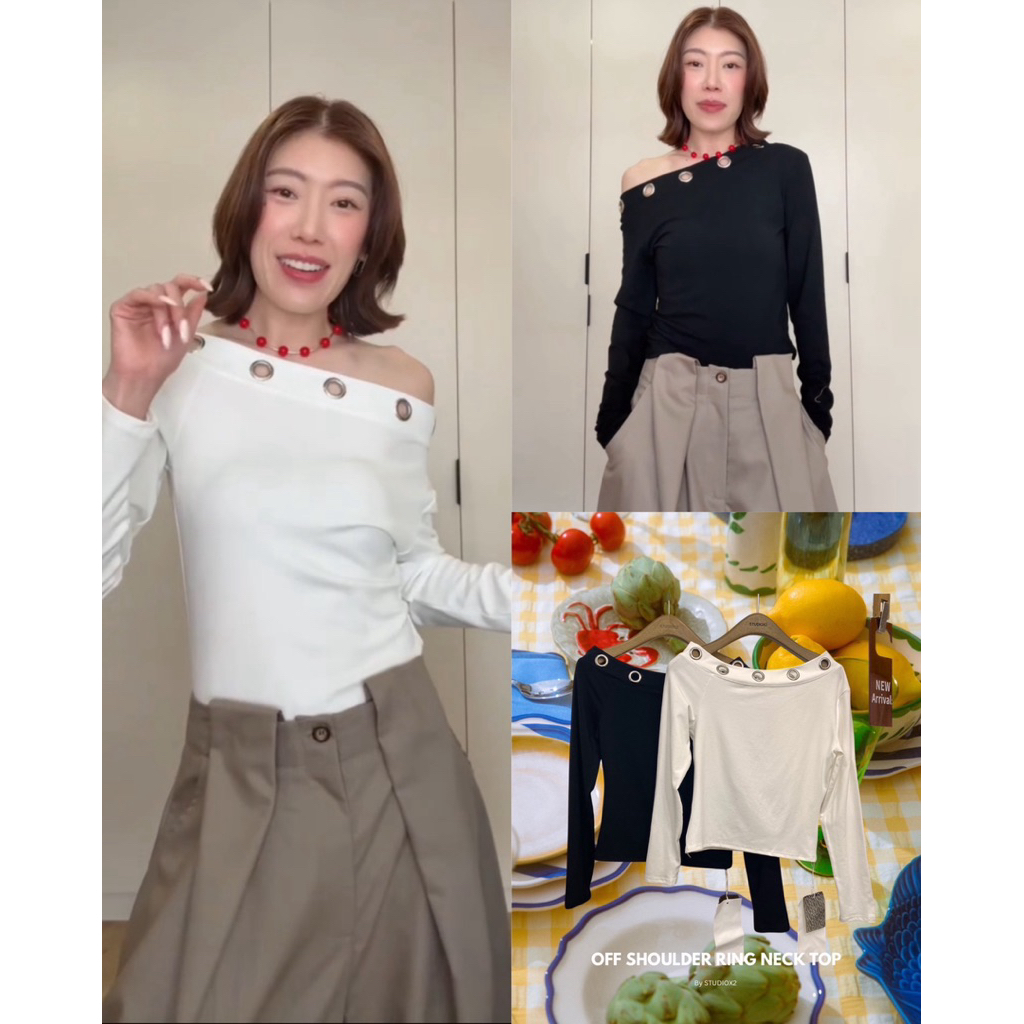 860 📌New Arrival 📌 STUDIOX2 OFF SHOULDER RING NECK TOP 🤍🖤(490฿) เสื้อแขนยาวไหล่ปาด เจาะห่วงช่วงคอเสื้อ ผ้ายืดสเปนเดกซ์