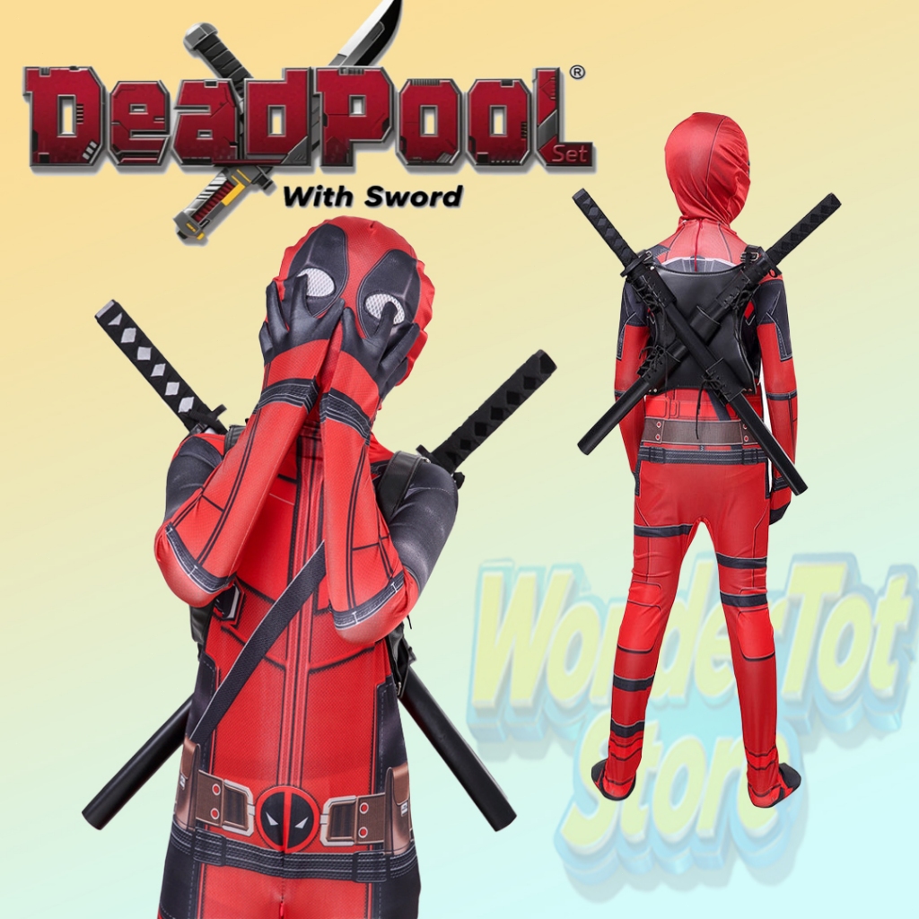 ชุดจั๊มสูทคอสเพลย์ Deadpool costume for kid with sword Panther Venom Captain America สําหรับเด็ก