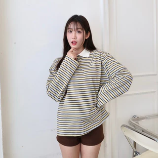 JARINYA เสื้อเชิ้ตคอปกแขนยาวลายทาง Unisex ทรง Oversize เนื้อผ้าคุณภาพเกรดดี ใส่สบาย ปักอะไหล่ โลโก้